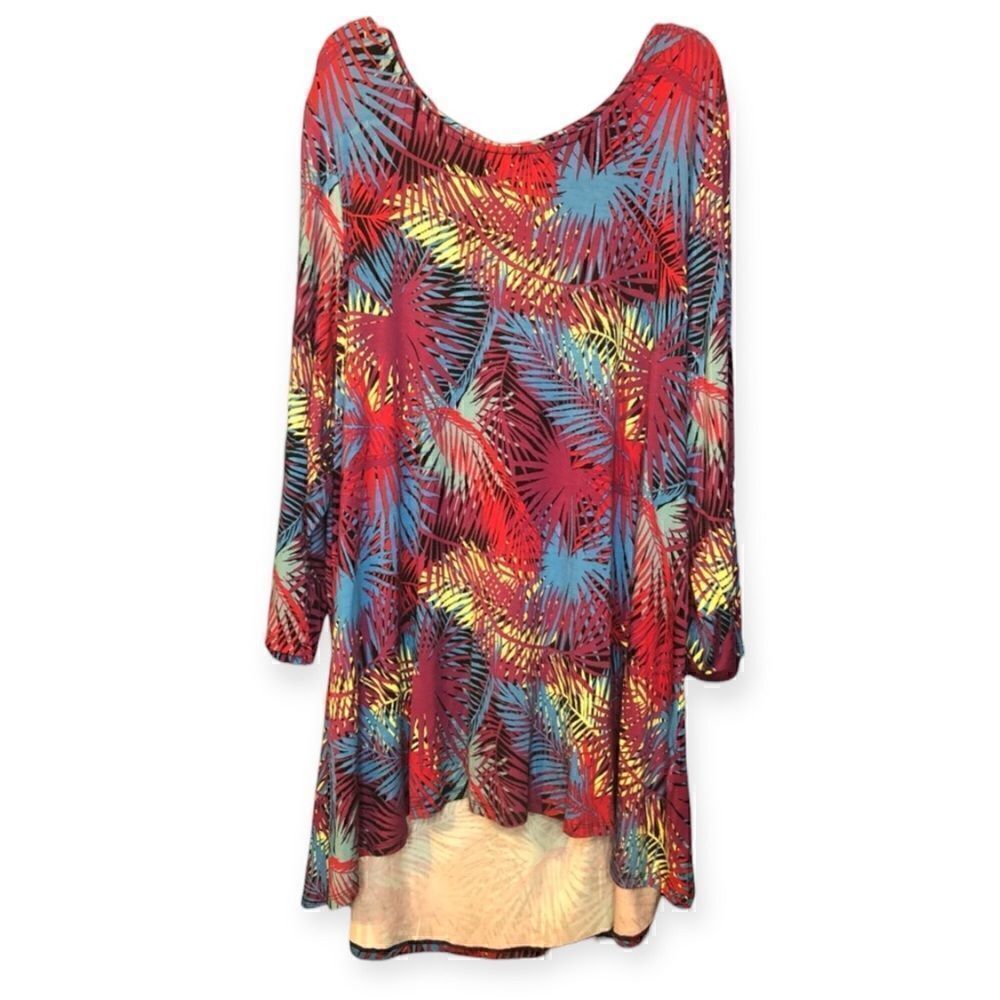 NWT Intro. Stretchy Top Tropical Colors. Palm Leaves Red Yalow Blue Black Sz: 3X